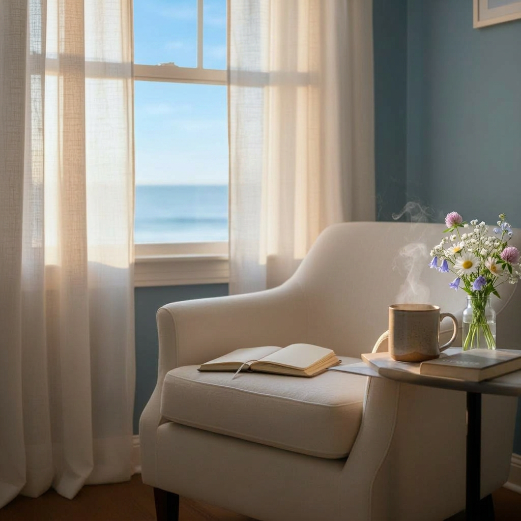 Sunlit armchair by a window with a steaming mug and open notebook