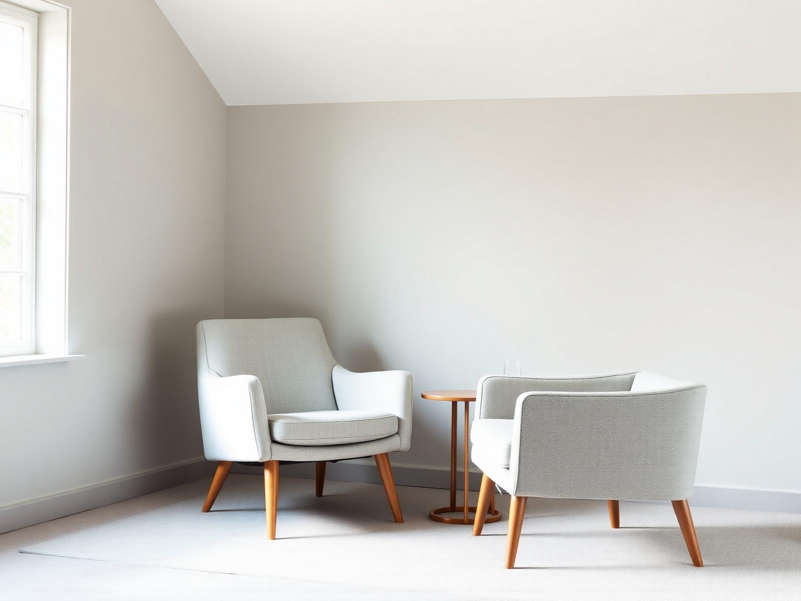 Calm, light-filled consulting room with two armchairs